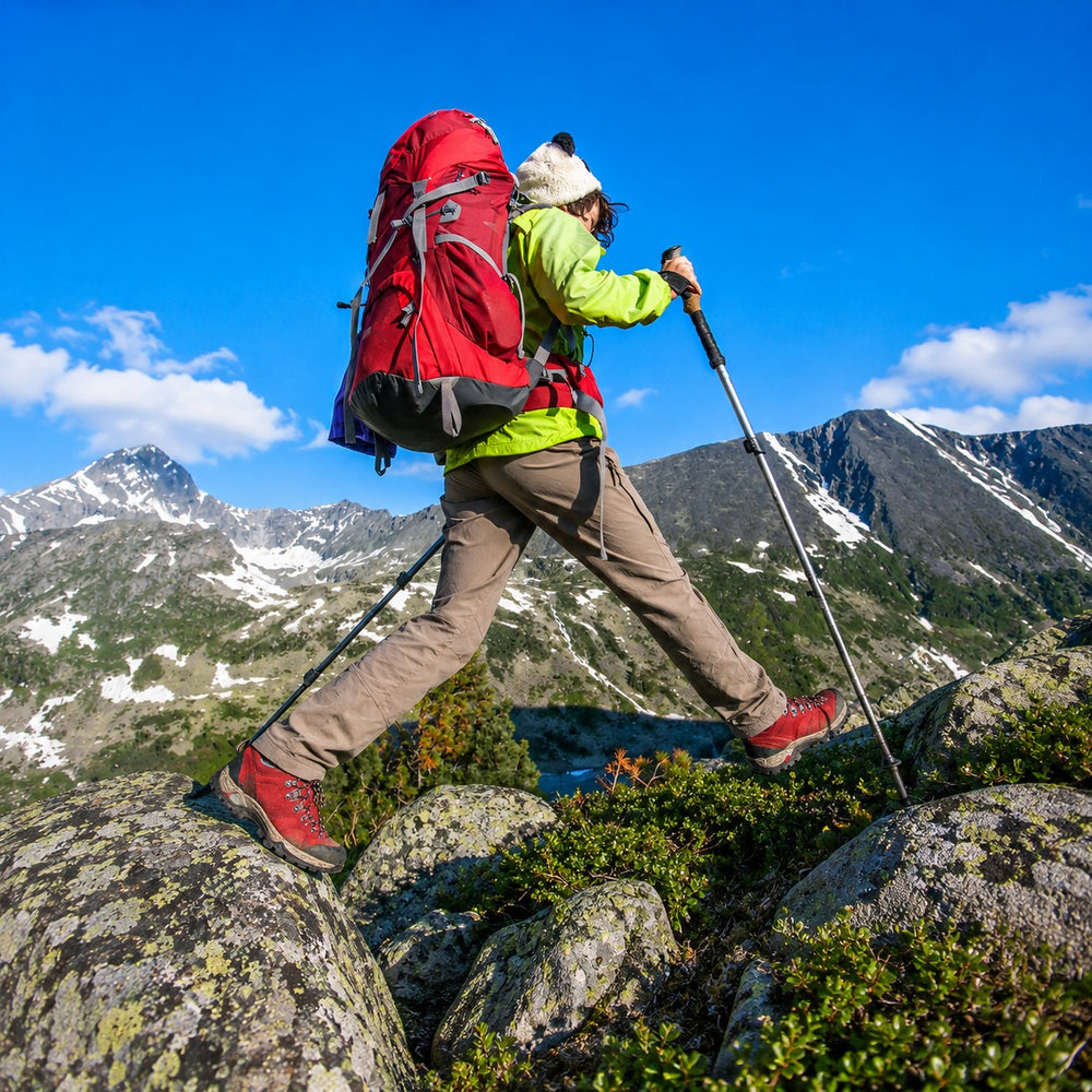 A hiker wearing a large red backpack, lime green jacket, and brown pants navigates rocky terrain with trekking poles against a backdrop of mountains and a blue sky.